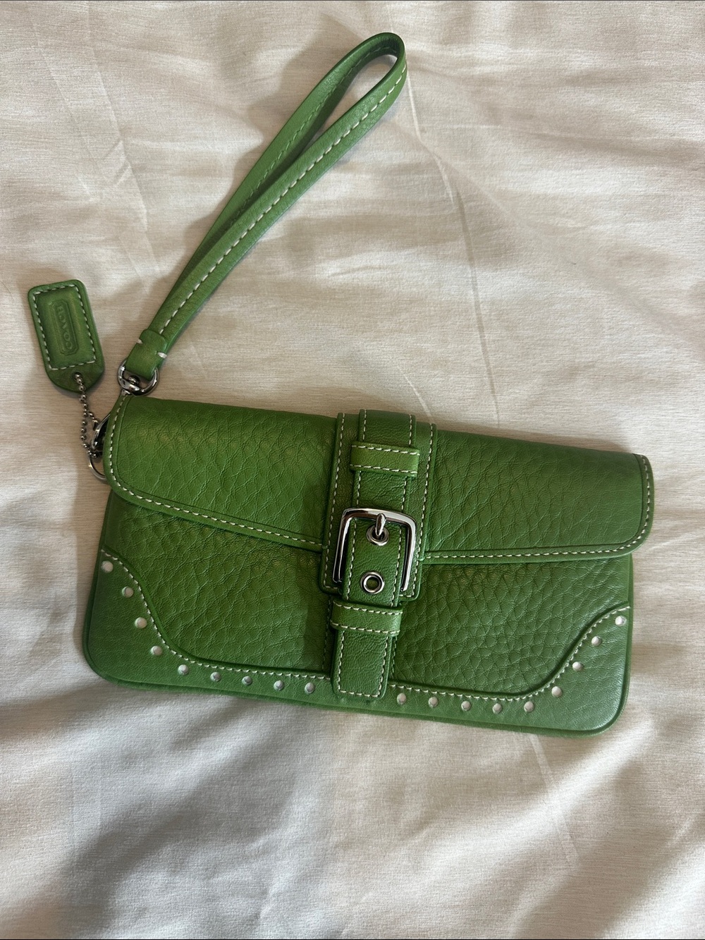 Coach Green Pebbled Leather Wristlet Clutch with Buckle